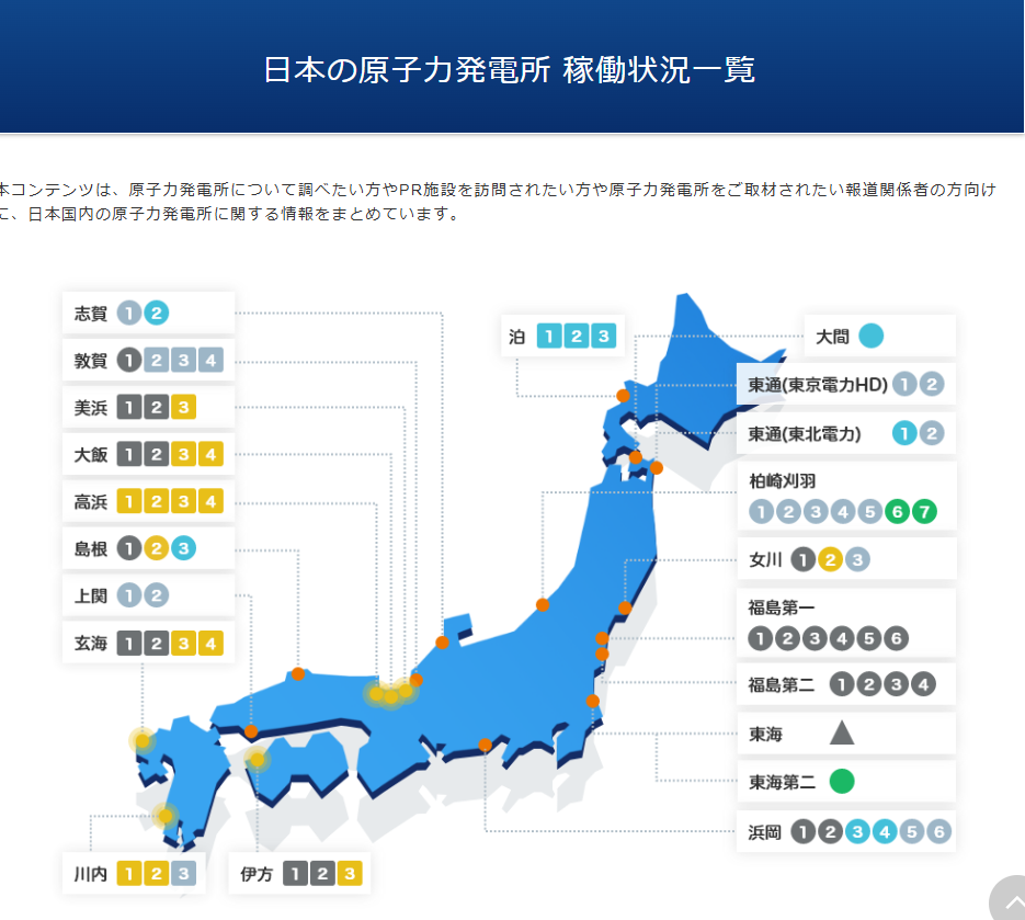 日本の原子力発電所 稼働状況一覧